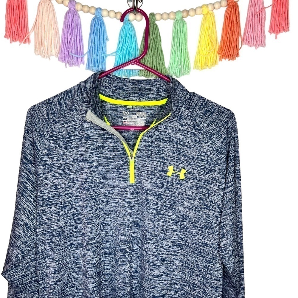 Under Armour Cold Gear Gray Navy Lime Chartreuse Long Sleeve Athletic Top Medium - Picture 4 of 15